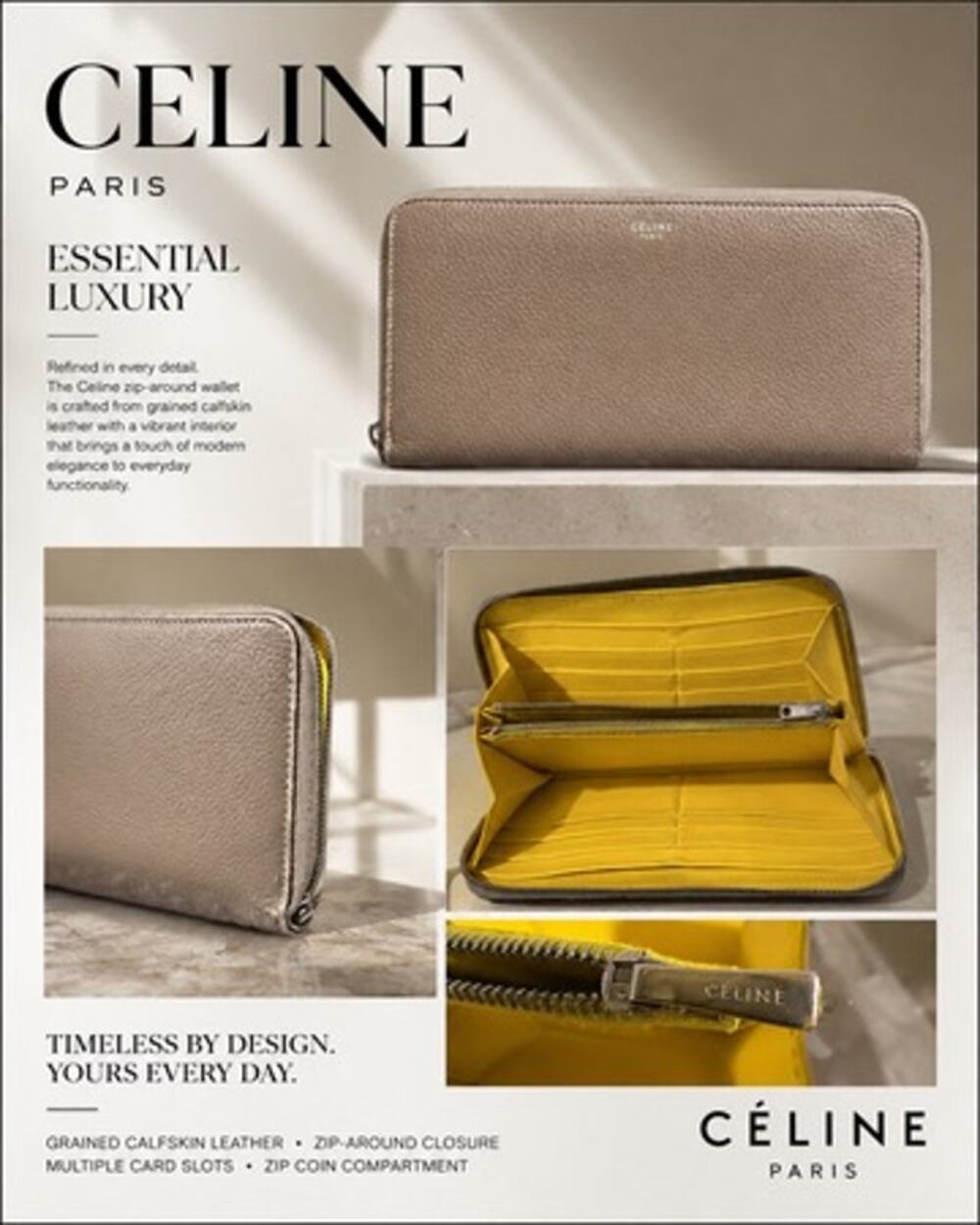 LS045 Celine Calfskin Large Zip Around Multifunction Wallet*Yellow inside
